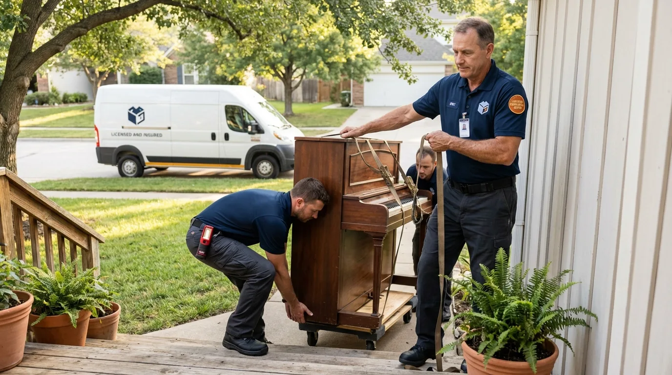 Licensed piano movers securing grand piano in Tappan, NY